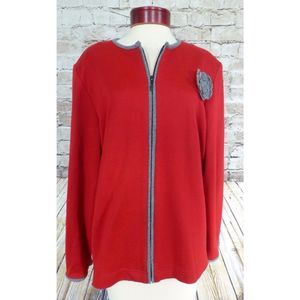 Alfred Dunner Red Zip Up Career Sweater Top With Flower Size Large Women's